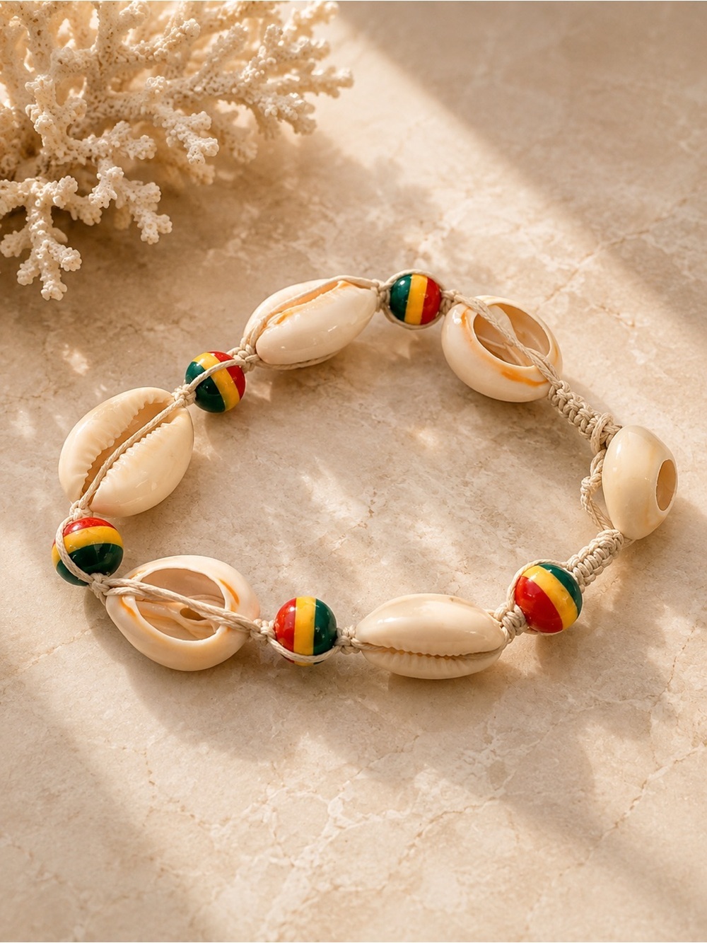 Natural Shell and Rasta Bead Adjustable Bracelet - Women